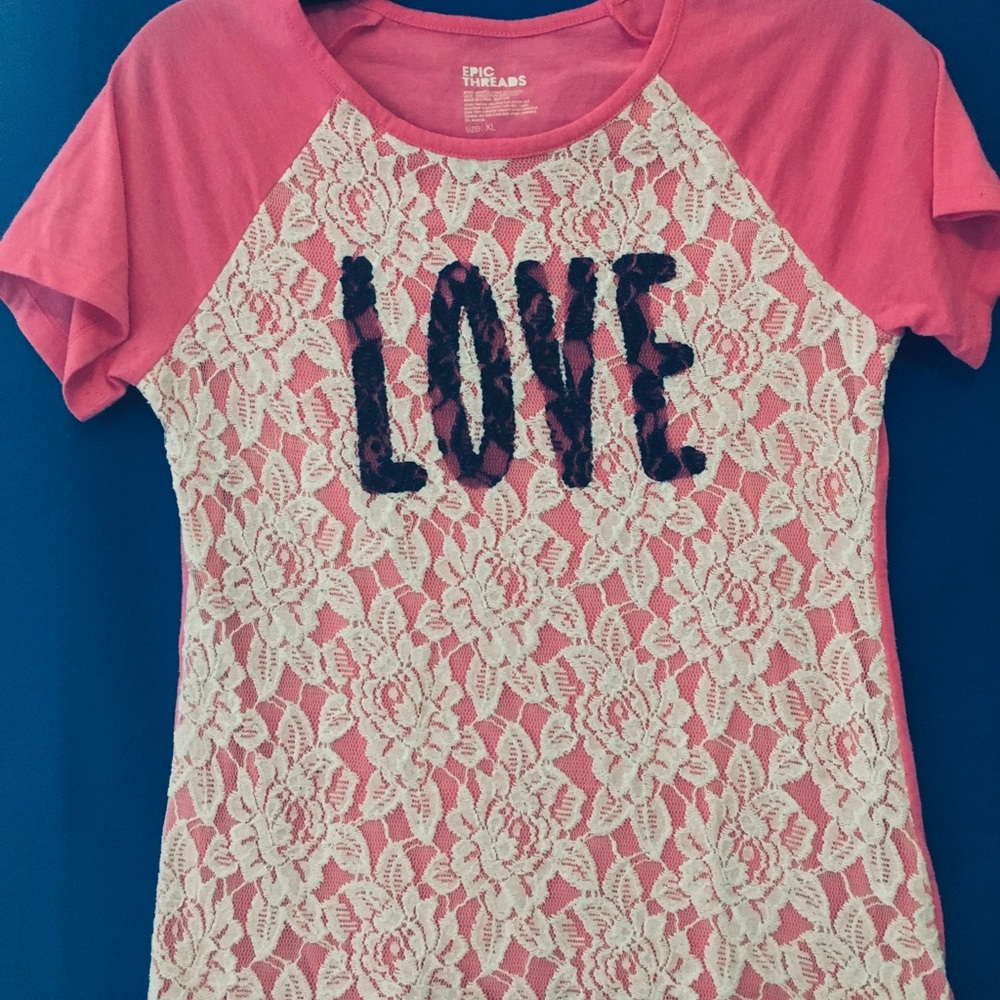 Juniors Pink and Lace “Love” Shirt